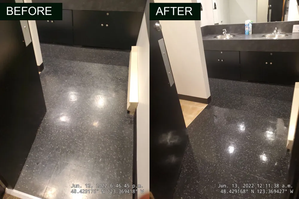 A Victoria commercial washroom floor, dull before and reflective after burnishing
